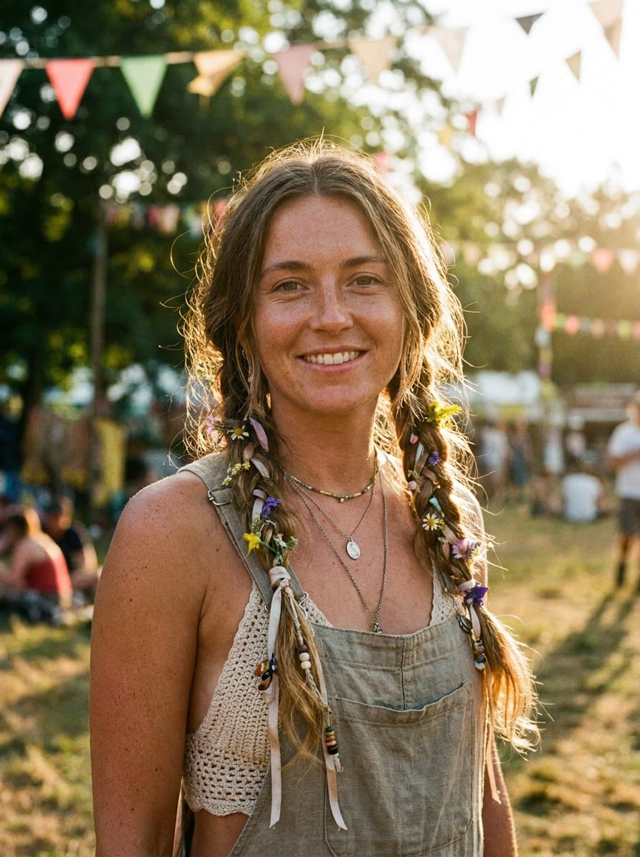 Zwei tiefe Flechtzöpfe - Festival Frisur 2026